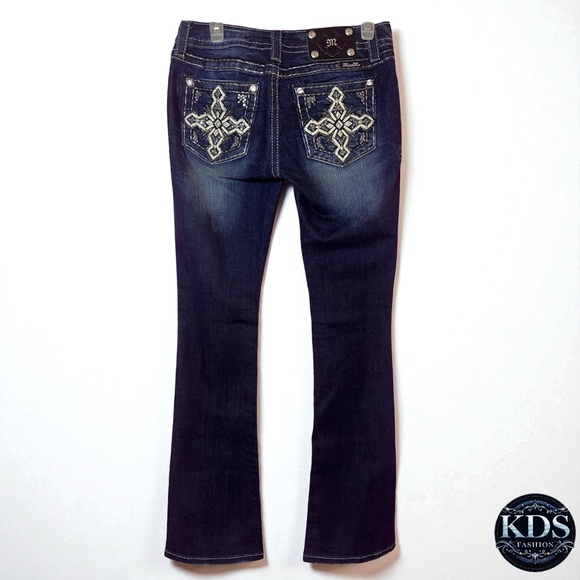 Miss Me Signature Bootcut Jeans Sz 28 — Crystal Front Sequin Cross Back Pockets - Picture 3 of 11